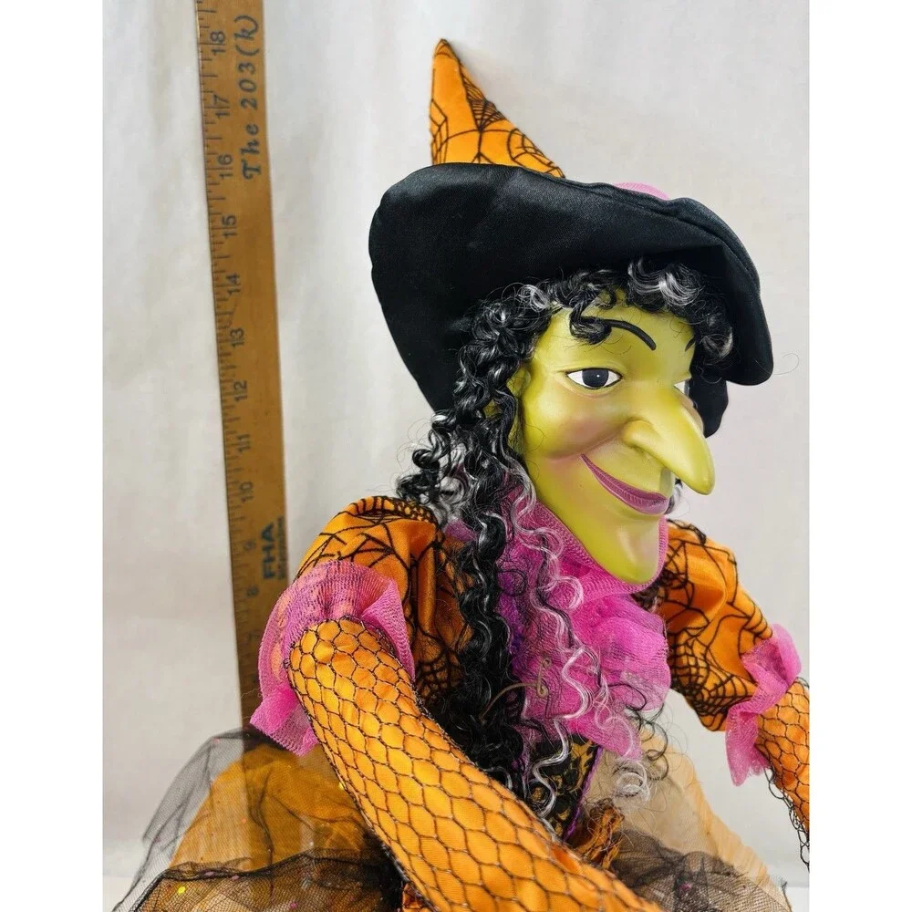 Vintage Halloween Witch Doll Shelf Sitter 30” Decor Orange Black Spooky Cute!